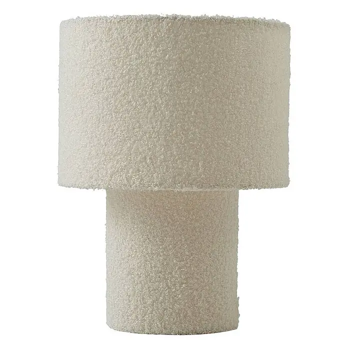 Lindby Tischleuchte Jone - L x B x H: 23 x 23 x 30 cm, weiß / opal, weiß / opal, E27 - Cremefarbene Bouclé-Stoff-Tischleuchte mit gestapeltem Zylinderdesign.