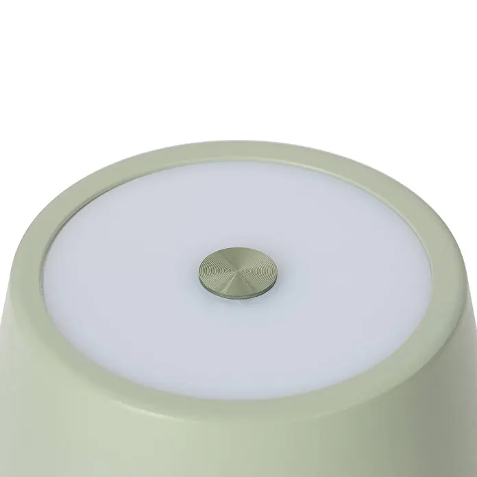 Lindby Tischleuchte Janea - grün, grün - Draufsicht auf eine hellgrüne Lampe mit weißem Lichtdiffusor und zentralem geriffeltem Metallknopf.