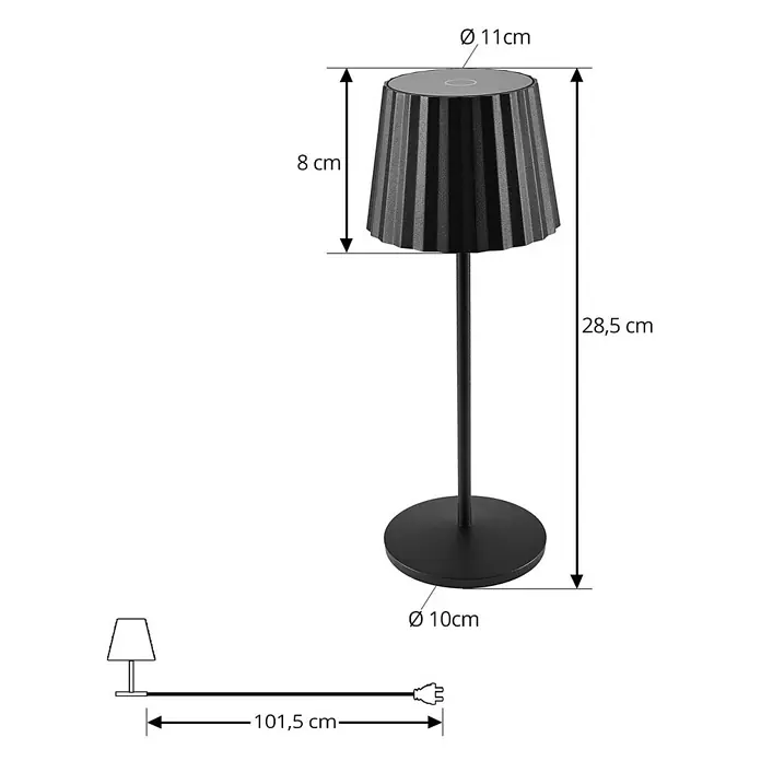 Lindby Tischleuchte Esali - L x B x H: 11 x 11 x 28,5 cm, schwarz, schwarz - Schwarze Tischlampe mit plissiertem Schirm und rundem Fuß, mit Maßen und Ladekabel.
