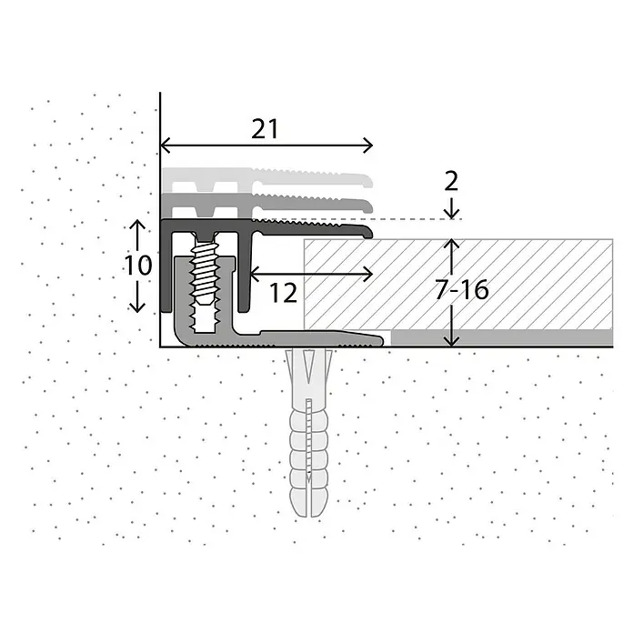 LOGOCLIC Abschlussprofil 222 - Silber, 0,9 m x 21 mm, Montageart: Schrauben - Schemazeichnung eines Bodenprofils mit Maßangaben zur Veranschaulichung der Dimensionen und Installationsdetails.