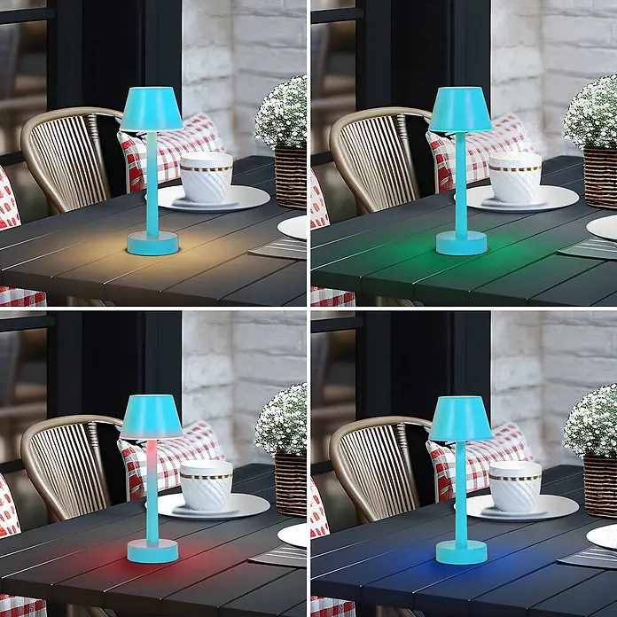 Lindby Tischleuchte Gaja - L x B x H: 9,5 x 9,5 x 24 cm, blau, blau - Türkise tragbare Lampe, die einen dunklen Außentisch mit warmweißen, grünen, roten und blauen Lichteinstellungen beleuchtet.