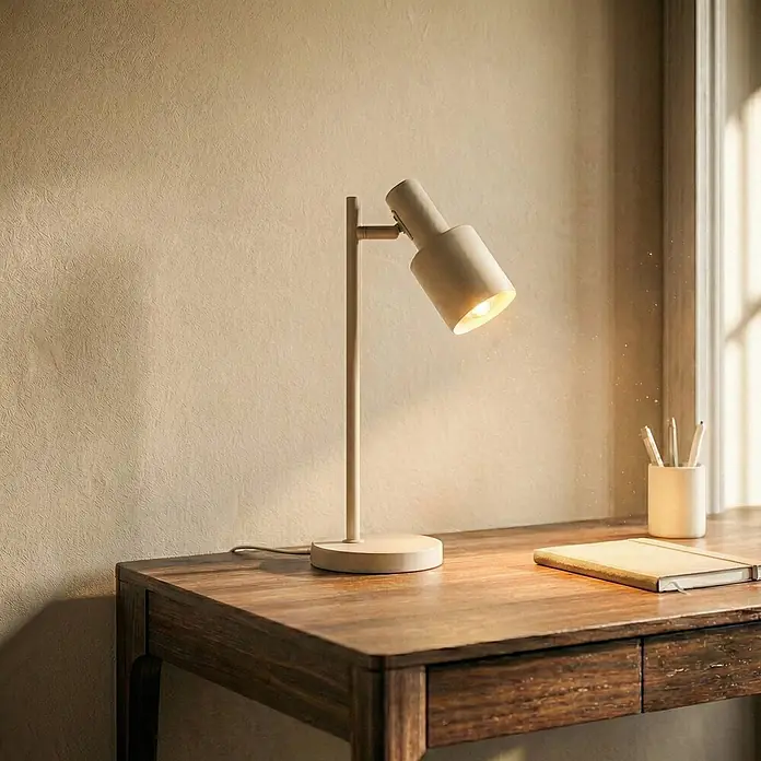 Lindby Tischleuchte Ovelia - creme / amber, creme / amber, E27 - Moderne beigefarbene Schreibtischlampe mit verstellbarem Kopf auf einem Holztisch, spendet warmes Licht auf ein Notizbuch.