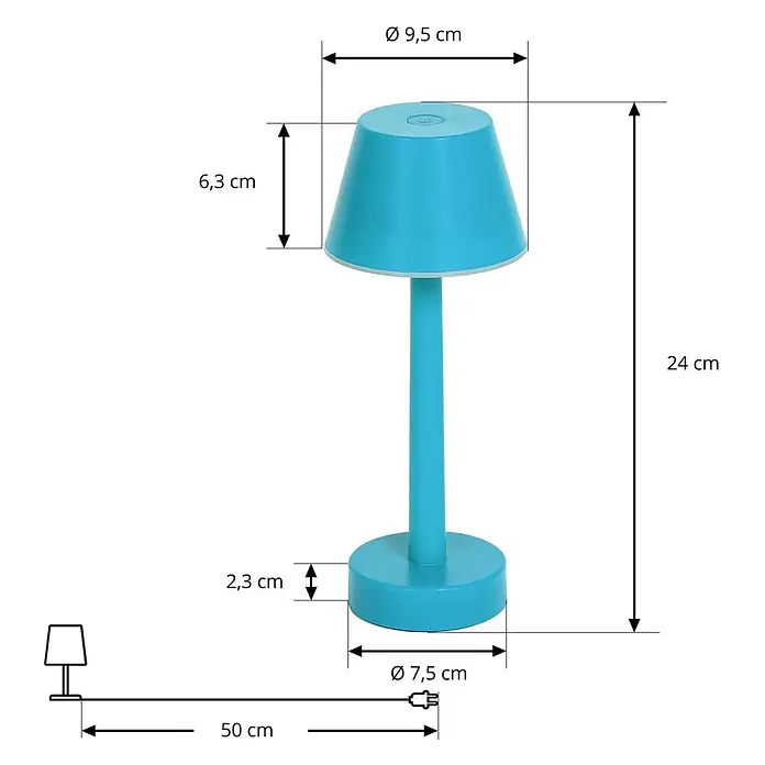 Lindby Tischleuchte Gaja - L x B x H: 9,5 x 9,5 x 24 cm, blau, blau - Hellblaue wiederaufladbare Tischlampe mit konischem Schirm und rundem Sockel.