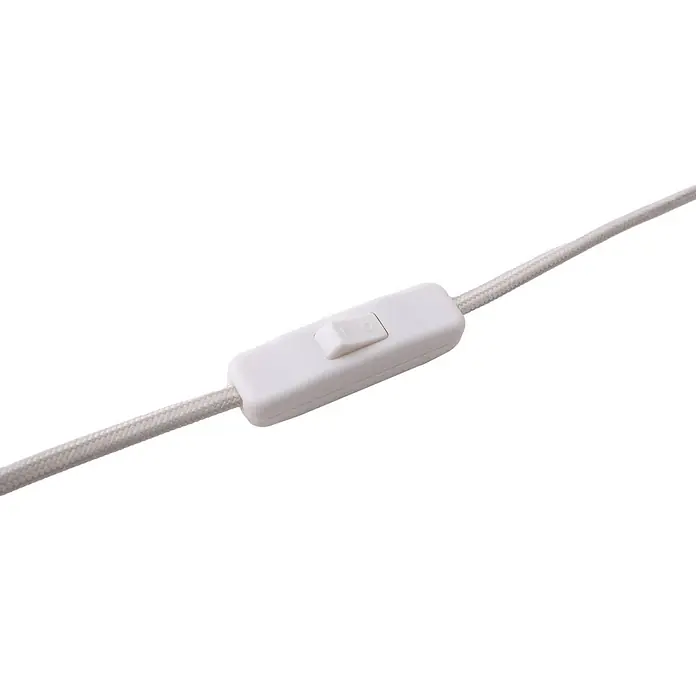 Lindby Tischleuchte Ovelia - creme / amber, creme / amber, E27 - Weißer Inline-Wippschalter an einem hellgrauen geflochtenen Elektrokabel.