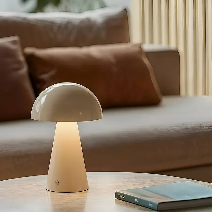 Lindby Tischleuchte Nevijo - L x B x H: 20 x 20 x 30 cm, creme / amber, creme / amber - Beige Pilztischlampe, beleuchtet, auf einem hellen Tisch neben einem braunen Sofa. Ein kleines Buch liegt daneben.