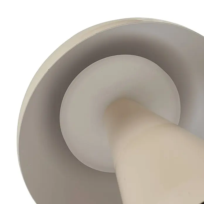Lindby Tischleuchte Nevijo - creme / amber, creme / amber - Cremefarbene Leuchte von unten, mit einem zentralen konischen Element, mattem Diffusor und einer gewölbten Blende.