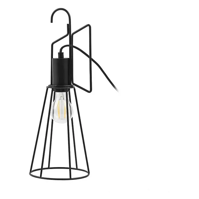 Lindby Tischleuchte Tharion - L x B x H: 15,4 x 15,4 x 42,6 cm, schwarz, E27 - Schwarze Metallkäfig-Pendelleuchte mit sichtbarer Glühbirne und Aufhängehaken.