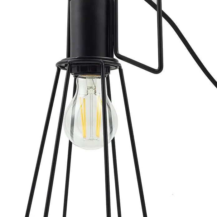 Lindby Tischleuchte Tharion - L x B x H: 15,4 x 15,4 x 42,6 cm, schwarz, E27 - Schwarze Hängelampe mit Metallkäfig und sichtbarer LED-Glühbirne.