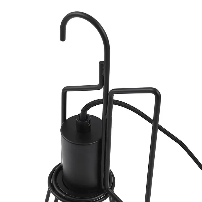 Lindby Tischleuchte Tharion - L x B x H: 15,4 x 15,4 x 42,6 cm, schwarz, E27 - Schwarzer Metallrahmen-Lampenfassung mit geflochtenem Kabel und Haken.