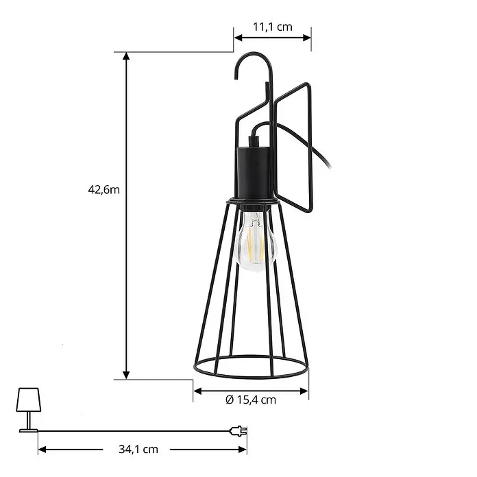 Lindby Tischleuchte Tharion - L x B x H: 15,4 x 15,4 x 42,6 cm, schwarz, E27 - Schwarze Metallkäfig-Pendelleuchte mit sichtbarer klarer Glühbirne und Aufhängehaken.