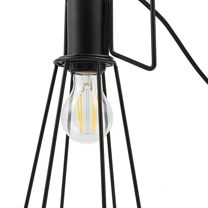 Lindby Tischleuchte Tharion - L x B x H: 15,4 x 15,4 x 42,6 cm, schwarz, E27 - Schwarze Metallkäfig-Hängeleuchte mit klarer LED-Glühbirne.