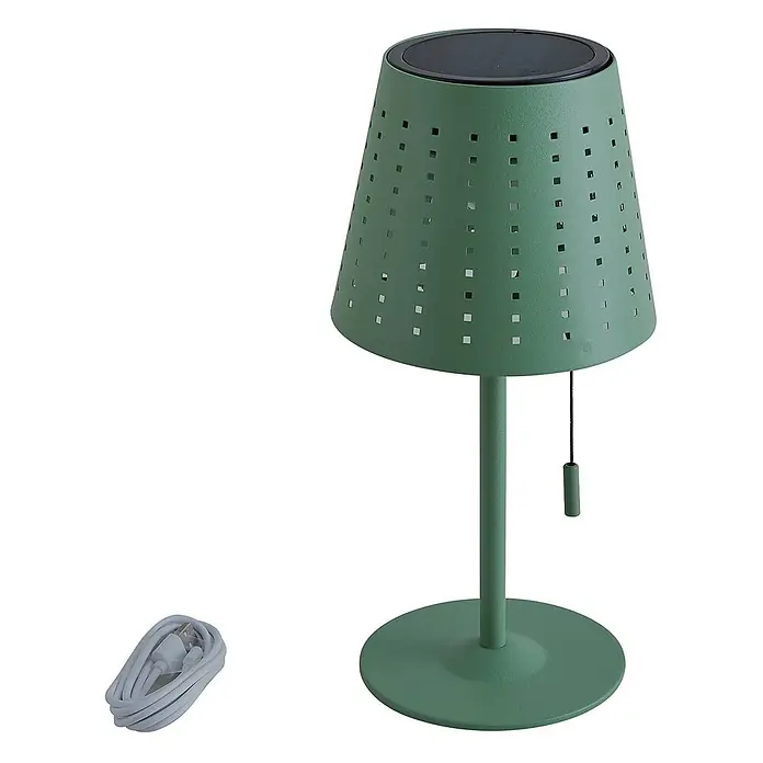 Lindby Tischleuchte Hilario - grün, grün - Grüne perforierte Solartischlampe mit Zugkette und USB-Ladekabel.
