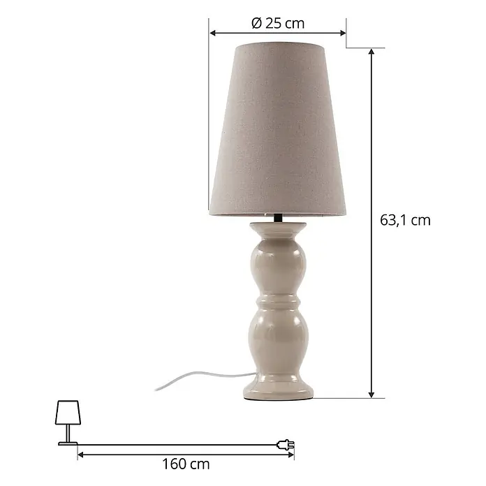 Lucande Tischleuchte Lyndorin - creme / amber, creme / amber, E27 - Beige Keramiktischleuchte mit konischem hellbraunem Stoffschirm.