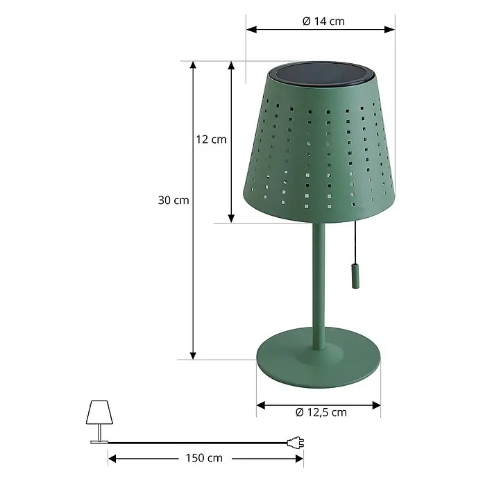 Lindby Tischleuchte Hilario - grün, grün - Grüne Solartischleuchte mit perforiertem Schirm und schwarzem Solarpanel, Maße angegeben.