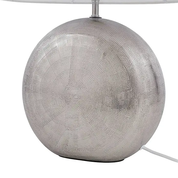 Lindby Tischleuchte Florentino - L x B x H: 35 x 23,5 x 48,5 cm, alu / grau / zink, weiß / opal, E27 - Silberne kugelförmige Lampenbasis mit texturiertem, gewebtem Muster.