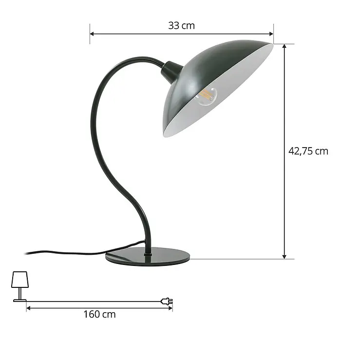 Lucande Tischleuchte Arvadon - grün, grün, E14 - Dunkelgrüne Metall-Schreibtischlampe mit gebogenem Arm und rundem Sockel. 33 cm breit, 42,75 cm hoch, 160 cm Kabel.