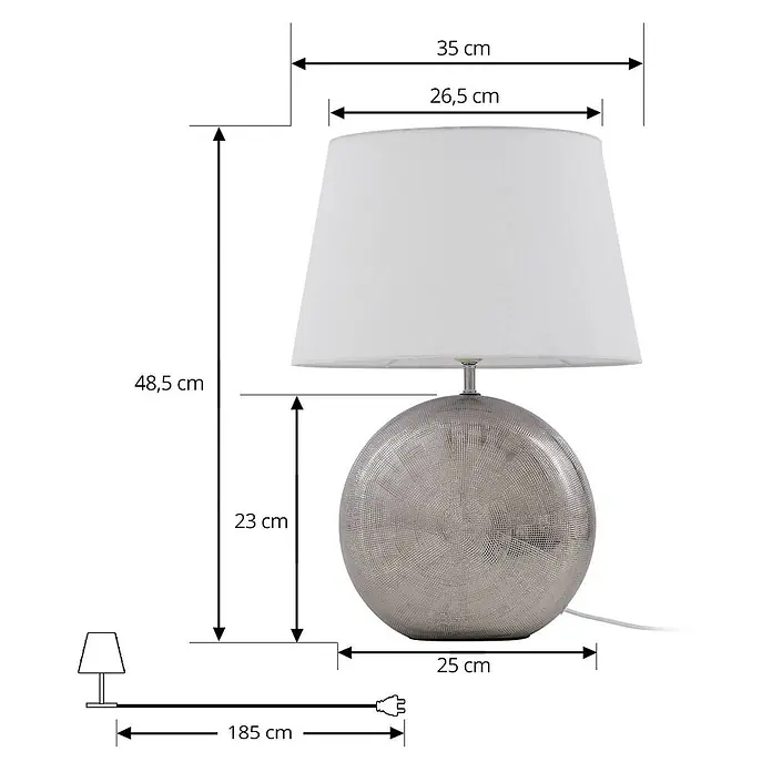 Lindby Tischleuchte Florentino - L x B x H: 35 x 23,5 x 48,5 cm, alu / grau / zink, weiß / opal, E27 - Tischleuchte mit weißem Schirm und silberner, strukturierter Kugelbasis, Maße angegeben.