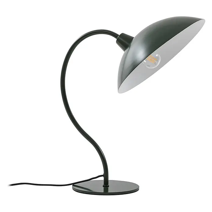 Lucande Tischleuchte Arvadon - grün, grün, E14 - Dunkelgrüne Metall-Schreibtischlampe mit gebogenem Arm und sichtbarer LED-Glühbirne.
