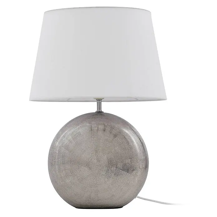 Lindby Tischleuchte Florentino - L x B x H: 35 x 23,5 x 48,5 cm, alu / grau / zink, weiß / opal, E27 - Silberne strukturierte kugelförmige Tischlampe mit weißem konischem Stoffschirm.