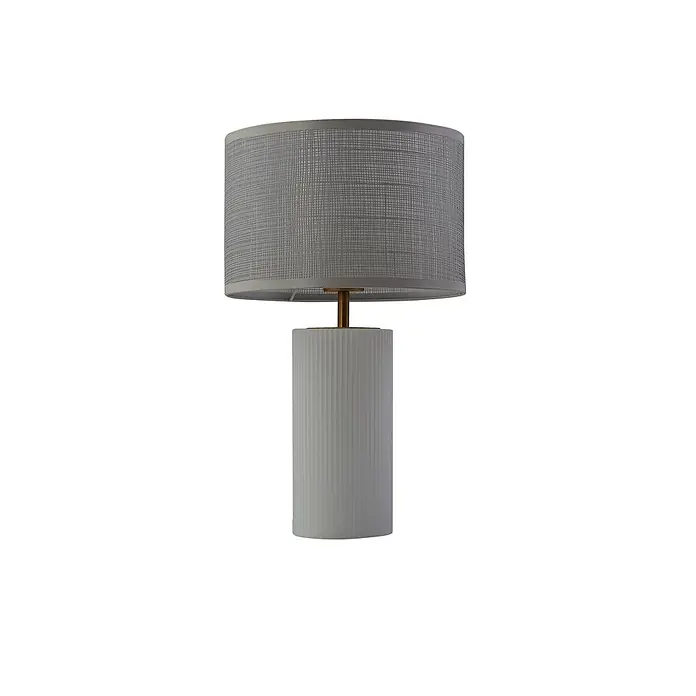 Lindby Tischleuchte Sorscha - L x B x H: 26 x 26 x 43 cm, weiß / opal, weiß / opal, E27 - Graue gerippte Tischlampe mit goldenem Stiel und strukturiertem zylindrischem Lampenschirm.