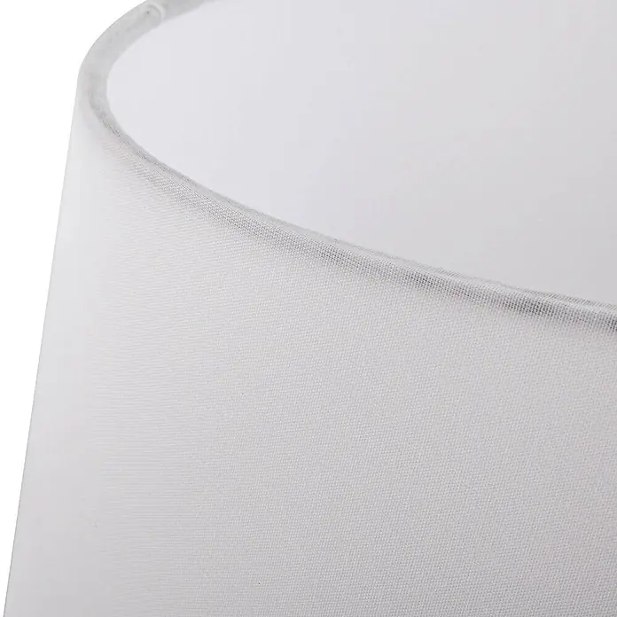 Lindby Tischleuchte Florentino - L x B x H: 35 x 23,5 x 48,5 cm, alu / grau / zink, weiß / opal, E27 - Nahaufnahme eines weißen Stofflampenschirms, der seine feine Textur und den geschwungenen Rand hervorhebt.