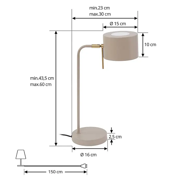 Lindby Tischleuchte Kaida - L x B x H: 30 x 15 x 43,5 cm, braun / rost, braun / rost, E27 - Beige, verstellbare Metall-Schreibtischlampe mit rundem Fuß und zylindrischem Kopf, Messingdetails.