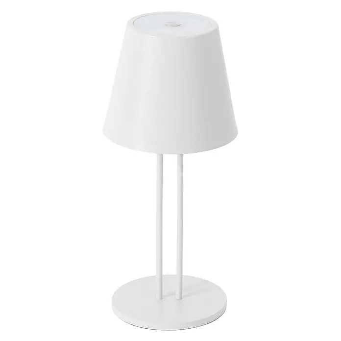 Lindby Tischleuchte Janea - weiß / opal, weiß / opal - Weiße moderne Tischlampe mit konischem Schirm, Lichtquelle oben, zwei schlanken Stützen und rundem Fuß.
