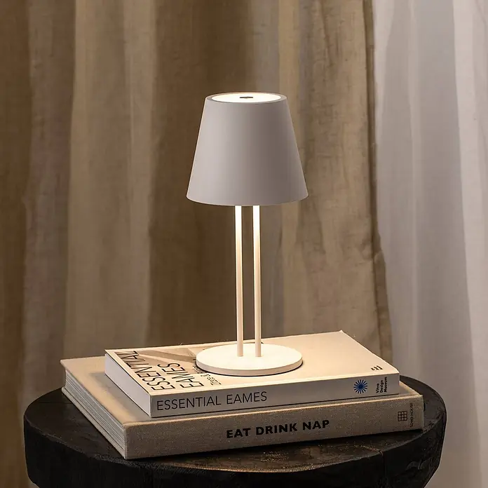 Lindby Tischleuchte Janea - weiß / opal, weiß / opal - Eine graue Tischlampe mit hellem Sockel und zwei dünnen Stützen beleuchtet Bücher auf einem dunklen Holztisch.