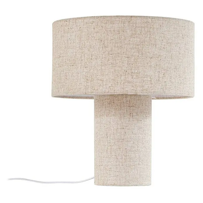Lindby Tischleuchte Elfie - L x B x H: 35 x 35 x 40 cm, creme / amber, E27 - Beigefarbene Tischlampe in Leinenoptik mit zylindrischem Stoffschirm und Fuß.