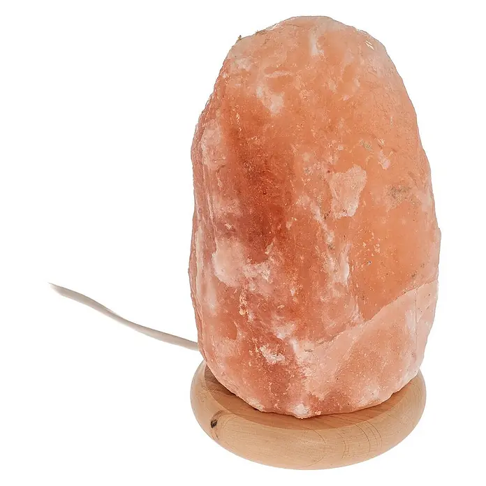 Envostar Tischleuchte Harmony - rot, E14 - Raue rosa Himalaya-Salzlampe auf einem runden Holzsockel.