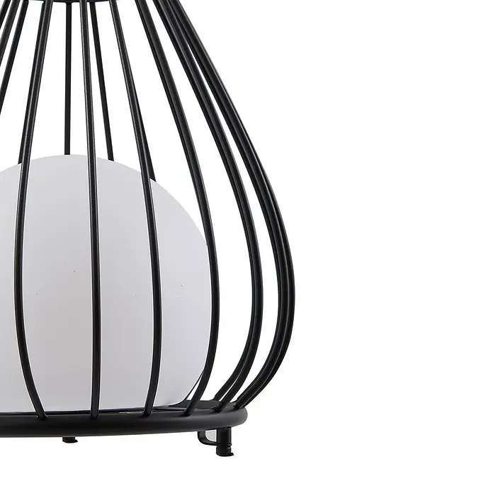 Lindby Tischleuchte Kelda - schwarz - Moderne Tischleuchte mit schwarzem Metallkäfig und weißem Kugeldiffusor.