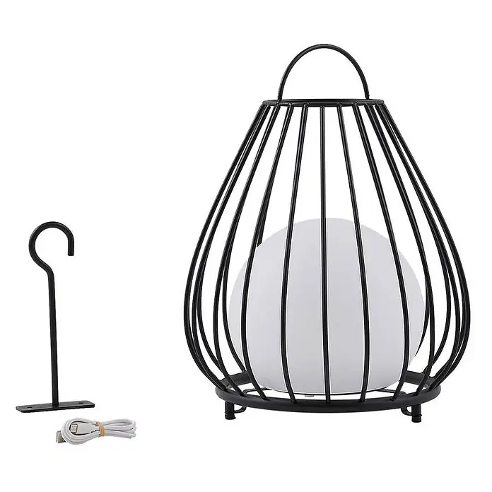 Lindby Tischleuchte Kelda - schwarz - Schwarze Metallkäfiglaterne mit weißem Kugellicht, inklusive Hakenständer und USB-Ladekabel.