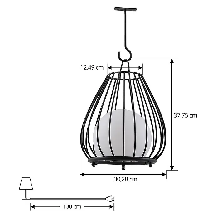 Lindby Tischleuchte Kelda - schwarz - Schwarze Pendelleuchte aus Metallgitter mit weißem Kugeldiffusor, Maße: 37,75 cm Höhe, 30,28 cm Breite.