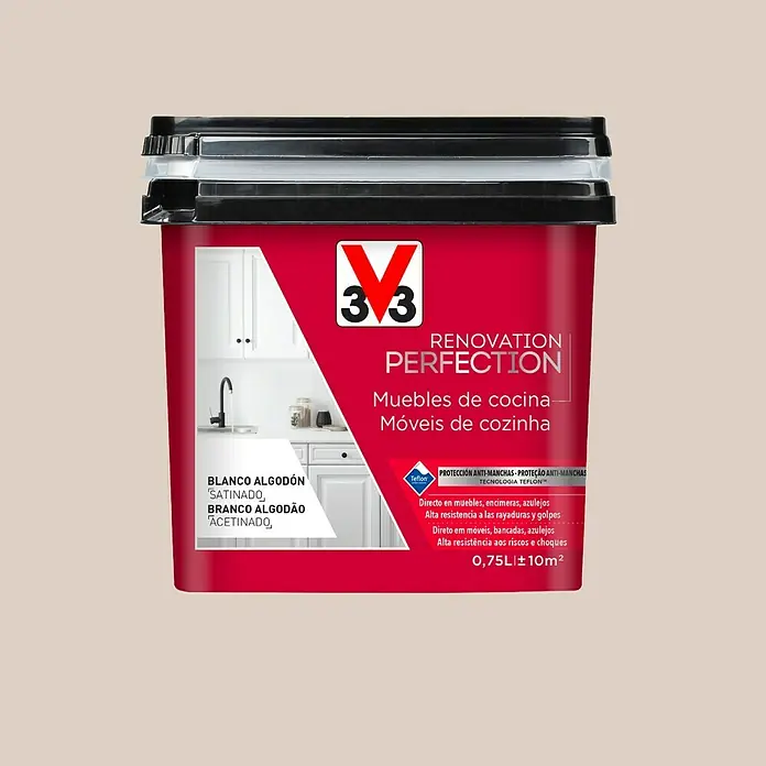 V33 Esmalte Cocinas Renovation Perfection - Centeno, 750 ml, Satinado - Un cubo rojo de pintura "3V3 Renovation Perfection" para muebles de cocina en color "Blanco Algodón Satinado" con tecnología Teflon.