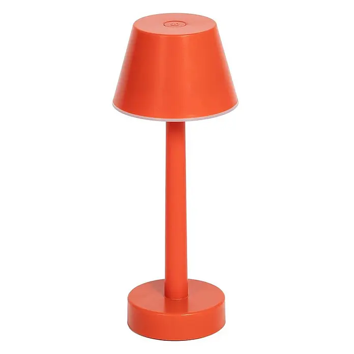 Lindby Tischleuchte Gaja - rot, rot - Eine orangefarbene tragbare Tischlampe mit konischem Schirm, zylindrischem Stiel und Knopf oben.