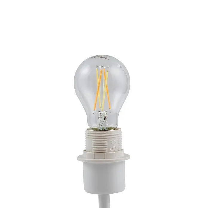 Lindby Tischleuchte Kody - weiß / opal, creme / amber, E27 - Klare LED-Filamentbirne mit sichtbaren glühenden Filamenten, in eine hellbeige Kunststofffassung geschraubt.