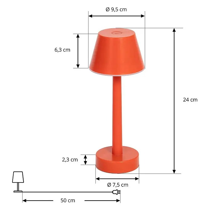 Lindby Tischleuchte Gaja - rot, rot - Orangefarbene kabellose LED-Tischleuchte mit konischem Schirm, Maße illustriert.