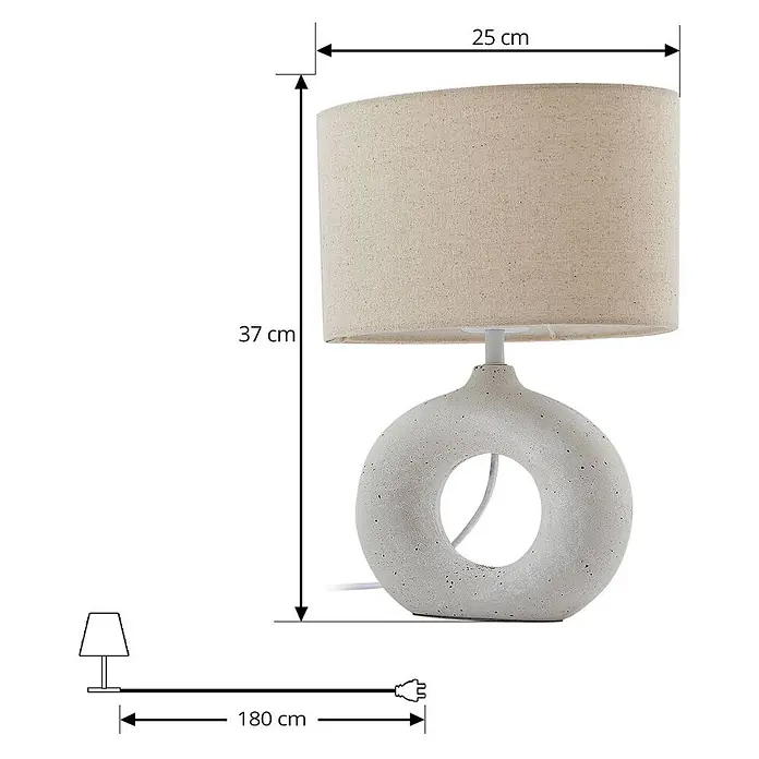 Lindby Tischleuchte Kody - weiß / opal, creme / amber, E27 - Tischlampe mit ringförmigem Betonsockel und beigem Stoffschirm.