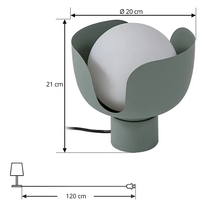 Lindby Tischlampe in grün, Nachttischlampe -  - Grau-grüne Tischleuchte mit kugelförmiger weißer Lichtquelle und blütenblattartigem Schirm. Maße: H 21 cm, Ø 20 cm, Kabel 120 cm.