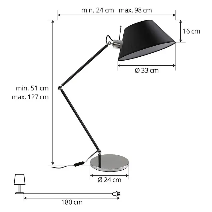 Lucande Tischleuchte Dansari - L x B x H: 98 x 33 x 127 cm, schwarz, schwarz, E27 - Verstellbare schwarze Schreibtischlampe mit schwarzen Gelenkarmen und rundem Chromfuß.
