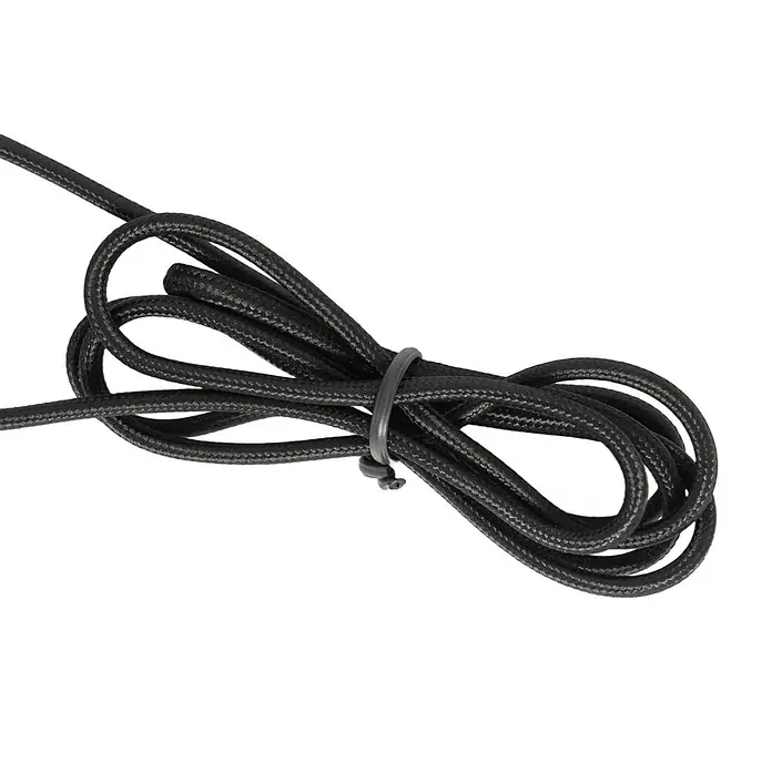 Lindby Tischleuchte Aralena - L x B x H: 15 x 15 x 26,5 cm, schwarz, E27 - Schwarzes geflochtenes Kabel, sauber aufgerollt und mit einem wiederverwendbaren grauen Kabelbinder gesichert.