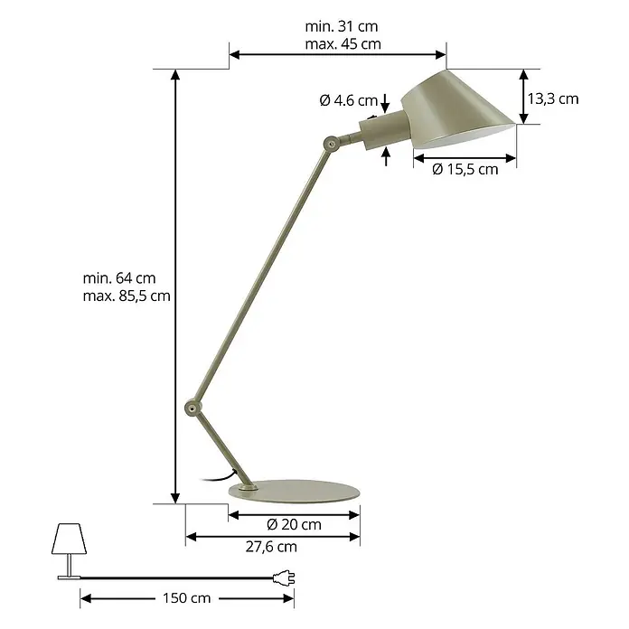 Lindby Tischleuchte Corali - grün, grün, E27 - Eine moderne, verstellbare Schreibtischlampe mit konischem Schirm und technischen Maßen.