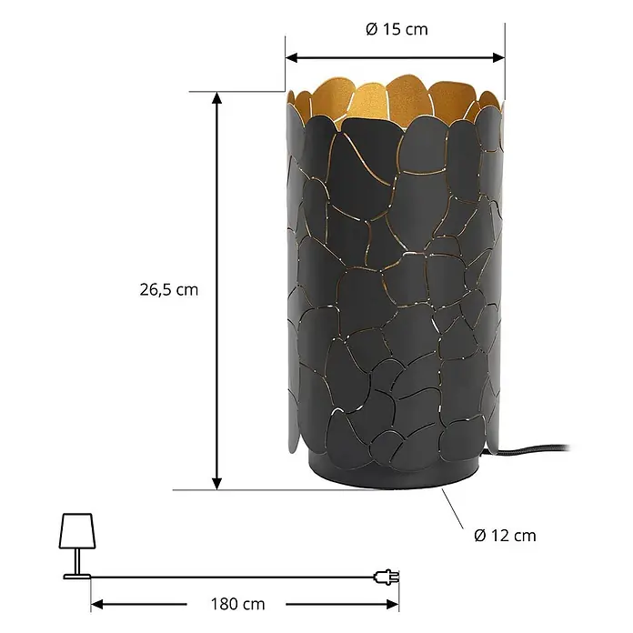 Lindby Tischleuchte Aralena - L x B x H: 15 x 15 x 26,5 cm, schwarz, E27 - Schwarze Metall-Tischleuchte mit unregelmäßigem Ausschnittmuster, das eine goldene Innenseite zeigt, zylindrisch, mit gewelltem Rand.