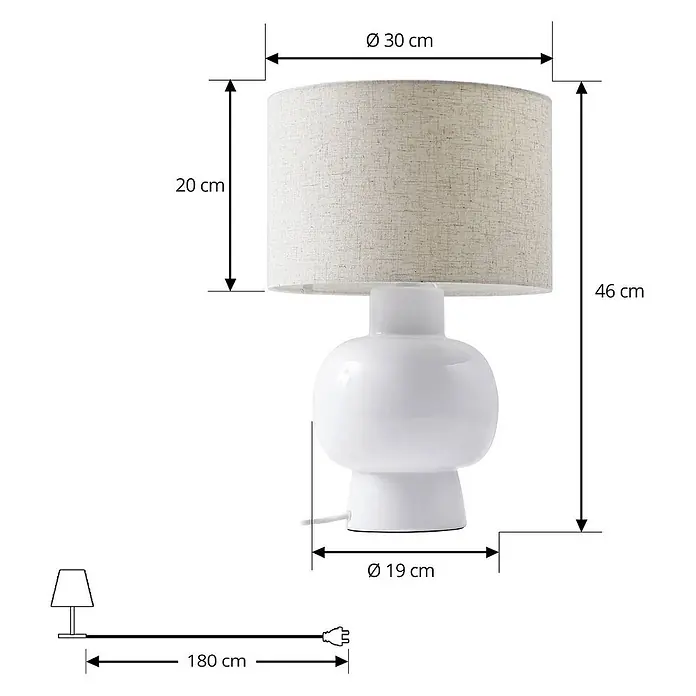 Lindby Tischleuchte Arved - L x B x H: 30 x 30 x 46 cm, weiß / opal, weiß / opal, E27 - Weiße Tischleuchte mit Keramikfuß und beigem Stoffschirm. Gesamthöhe 46 cm, Schirm Ø 30 cm.
