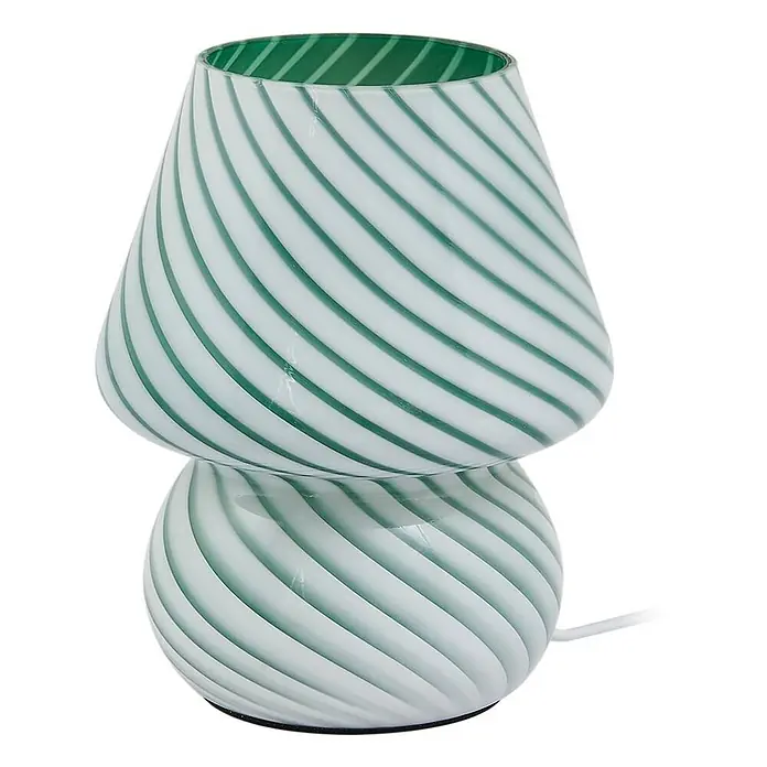 Lindby Tischleuchte Andriana - L x B x H: 15 x 15 x 18,2 cm, grün, grün, E14 - Grün-weiß gestreifte pilzförmige Tischleuchte aus Glas mit Spiralmuster.