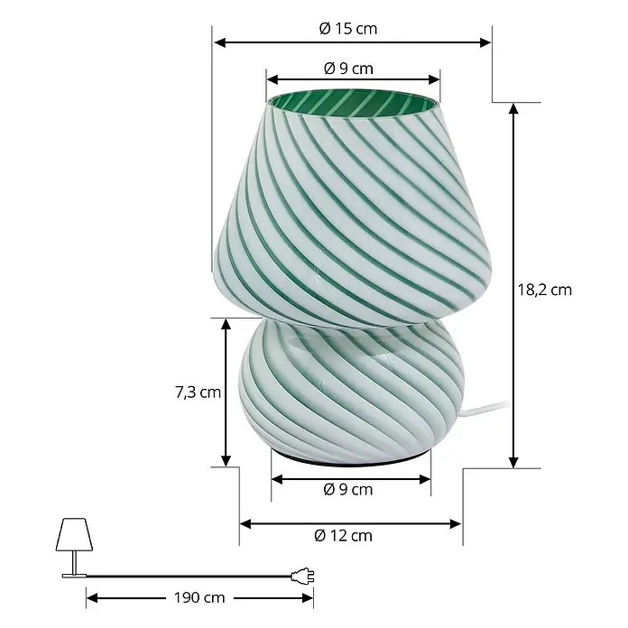 Lindby Tischleuchte Andriana - L x B x H: 15 x 15 x 18,2 cm, grün, grün, E14 - Pilzförmige Tischlampe aus spiralförmig grün-weiß gestreiftem Glas, mit Maßen und Kabellänge.