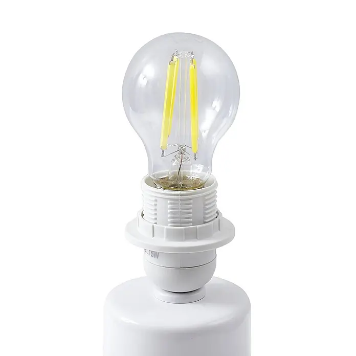 Lindby Tischleuchte Arved - L x B x H: 30 x 30 x 46 cm, weiß / opal, weiß / opal, E27 - Weiße Lampenfassung mit klarer LED-Glühbirne und sichtbaren gelben Filamenten, montagebereit.