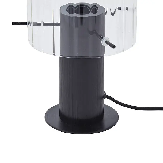 Lucande Tischleuchte Eirian - schwarz, klar / transparent, E27 - Schwarz-klarer zylindrischer Aquarienabschäumer mit strukturierter Basis, Stellschrauben und Netzkabel.