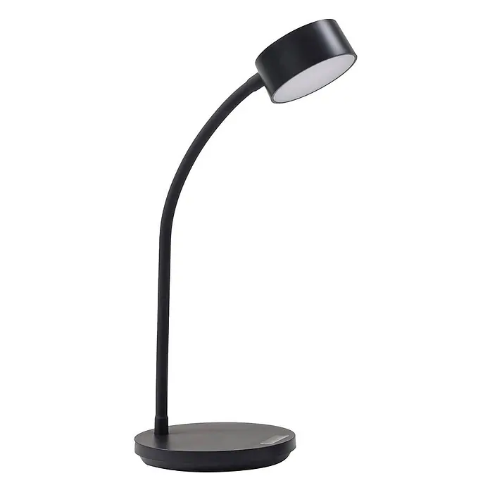 Lindby Tischleuchte Maori - schwarz, schwarz - Schwarze flexible LED-Schreibtischlampe mit rundem Sockel.