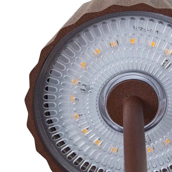 Lindby Tischleuchte Esali - L x B x H: 11 x 11 x 28,5 cm, braun / rost, braun / rost - Runde, strukturierte bronzefarbene LED-Leuchte mit klarem, gemustertem Diffusor, warmen orangefarbenen LEDs und einem zentralen Montagearm.